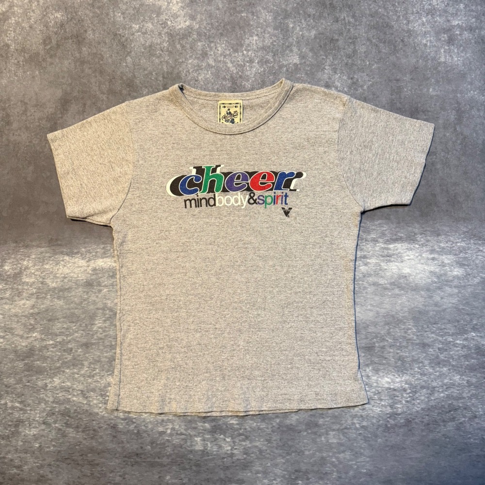Vintage Varsity Cheer Graphic Baby Tee Womens M Gray Mind Body Spirit Y2K Shirt